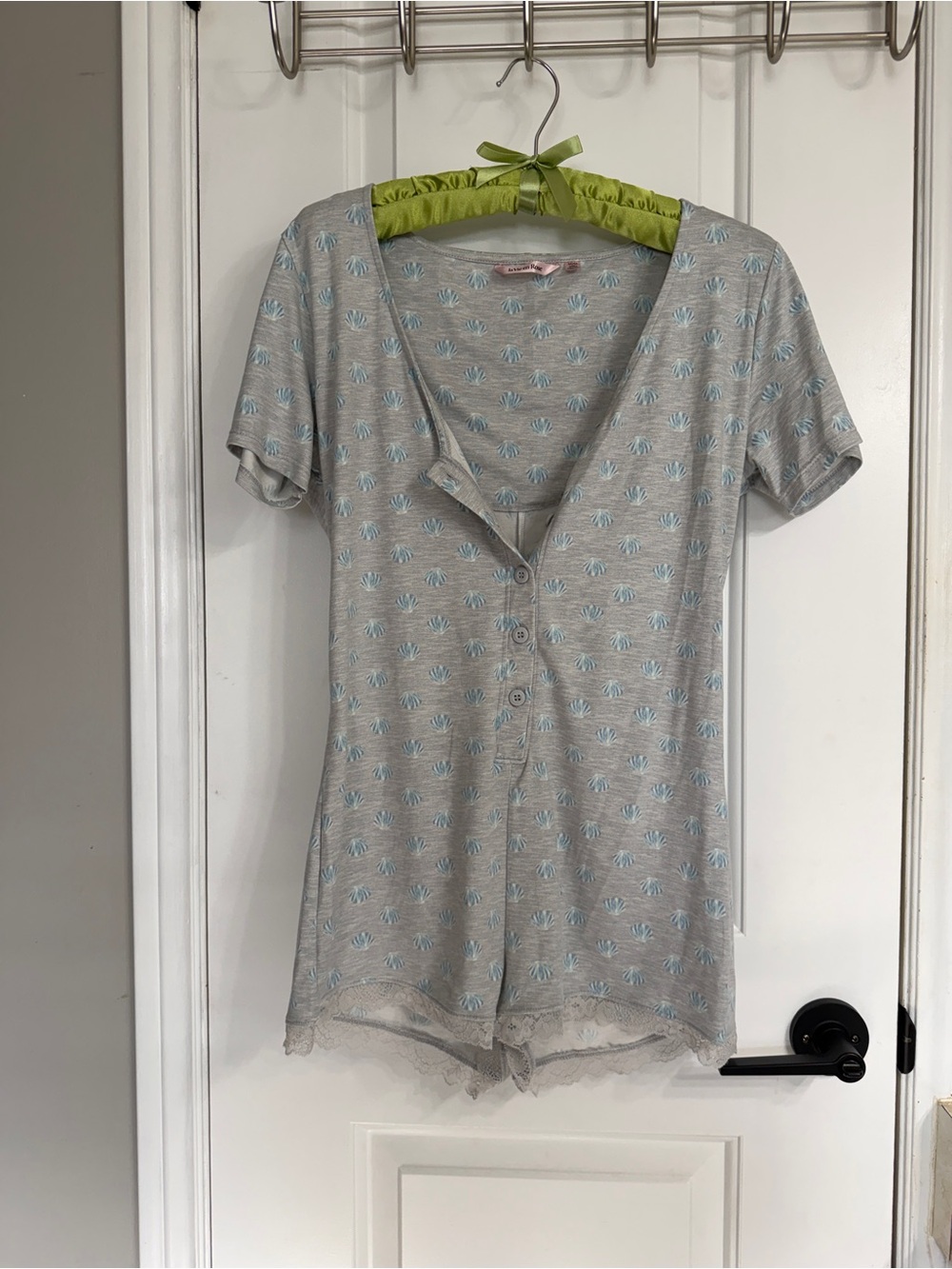La Vie En Rose Gray Short Sleeve Henley Romper with Blue Print